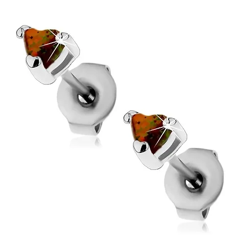 Náušnice z ocele 316L, srdiečko zo syntetického opálu, rôznofarebné odlesky, 3 mm