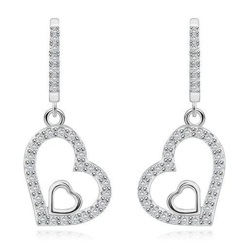 Náušnice v 925 striebre - zirkónové srdce s hladkým srdcom vo vnútri