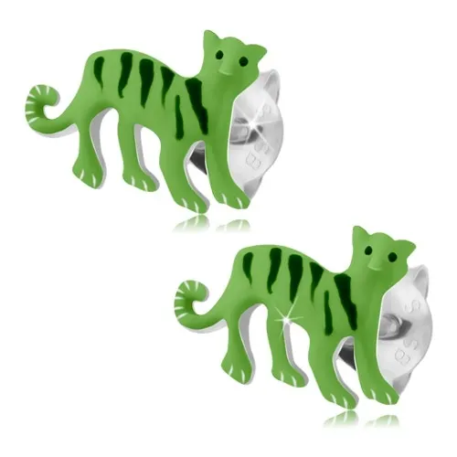 Náušnice zo striebra 925, tiger svetlozelenej farby s čiernymi pásikmi