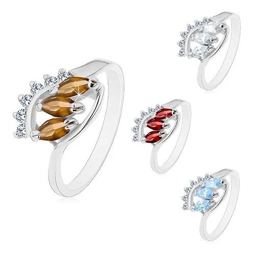 Prsteň s lesklými zahnutými ramenami, tri farebné zrnkové zirkóny - Veľkosť: 57 mm, Farba: Číra