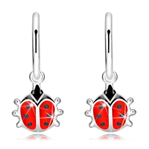 Náušnice zo striebra 925 - lesklé krúžky, glazúrovaná lienka so šiestimi bodkami