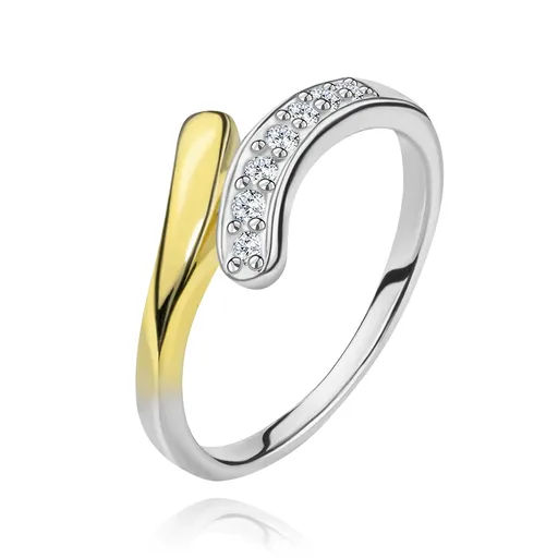 Strieborný prsteň 925 - zaoblená línia so zirkónmi a koncom zlatej farby - Veľkosť: 49 mm