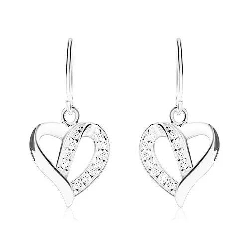 Strieborné náušnice 925, kontúra asymetrického srdca zdobená zirkónmi