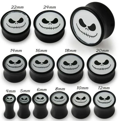 Čierny tunel plug do ucha, biela tvár ducha so zošitými ústami - Hrúbka: 12 mm