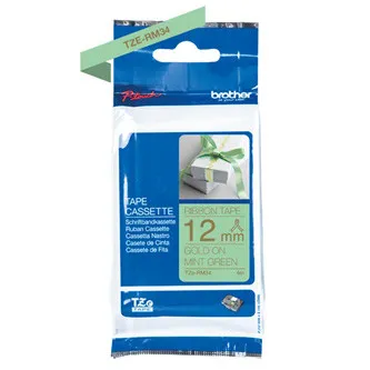 Brother originál páska do tlačiarne štítkov, Brother, TZE-RM34, zlatý tlač / zelený podklad, textilná, 4m, 12mm