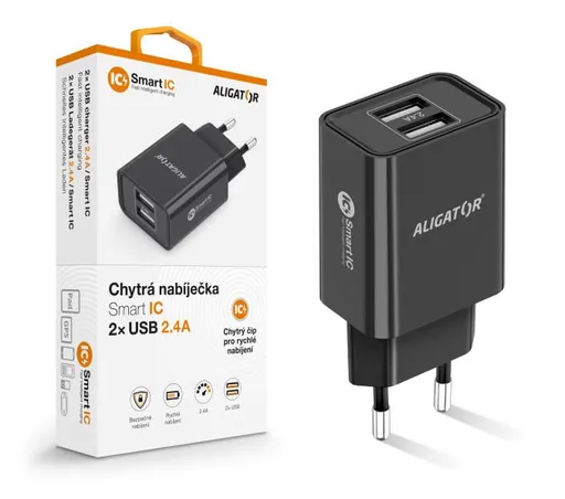 Múdra sieťová nabíjačka ALIGATOR 2,4A, 2xUSB, smart IC, čierna