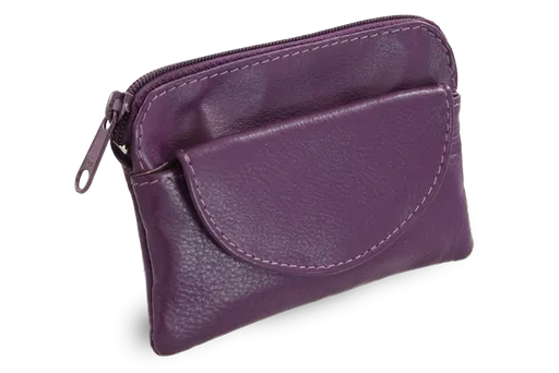 Fialová kožená kľúčenka so zipsovým a poklopovým vreckom 619-0365-76