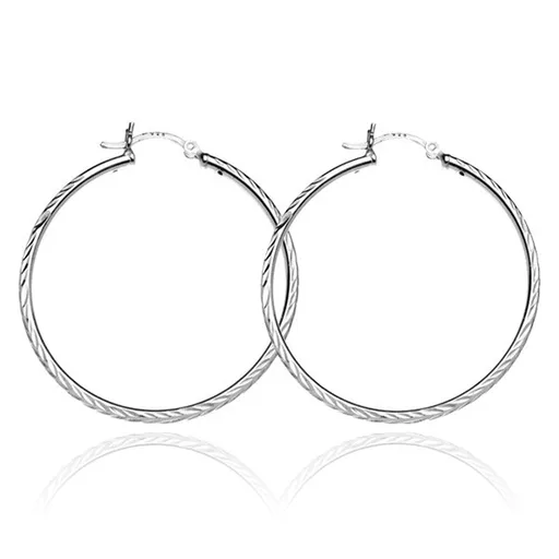 Strieborné náušnice 925 - kruhy s gravírovanými lístkami, 25 mm