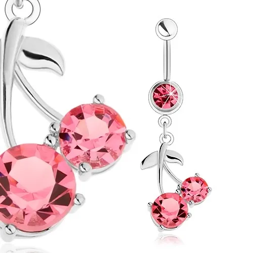 Piercing do brucha z ocele 316L, strieborný odtieň, ružové čerešne, lesklé lístky