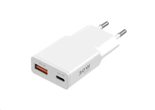 WG - Sieťová nabíjačka GaN 2x USB, 1x USB-C 30W + 1x USB-A 18W, biela, Ultra Slim