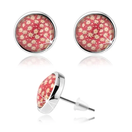 Náušnice kabošon, vypuklý povrch, drobné biele kvietky, červené pozadie
