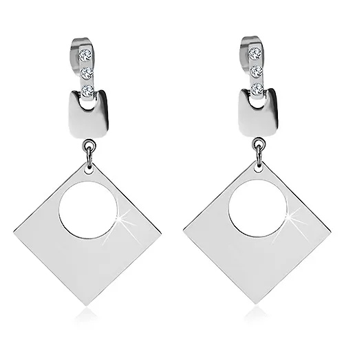 Náušnice z chirurgickej ocele - tri číre zirkóny, lesklý štvorec s okrúhlym výrezom