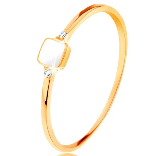 Prsteň zo žltého 14K zlata - biely glazúrovaný štvorček, drobné číre zirkóny - Veľkosť: 54 mm