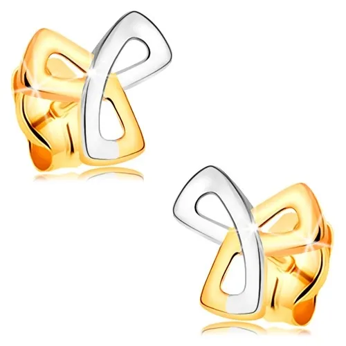 Zlaté 14K náušnice - trojcípy keltský uzol v dvojfarebnom prevedení, puzetky