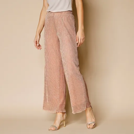 Široké plisované nohavice z lesklého úpletu