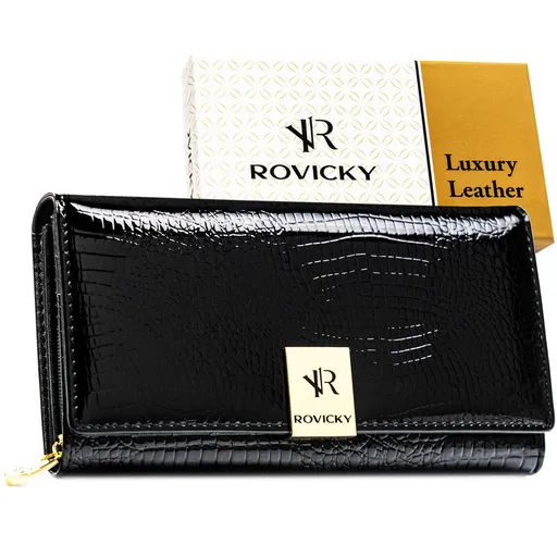 Veľká dámska lakovaná kožená peňaženka v čiernej farbe so zapínaním na patentku – Rovicky