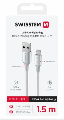 SWISSTEN DÁTOVÝ KÁBEL TEXTILE II USB / LIGHTNING 1,5 M BIELÝ
