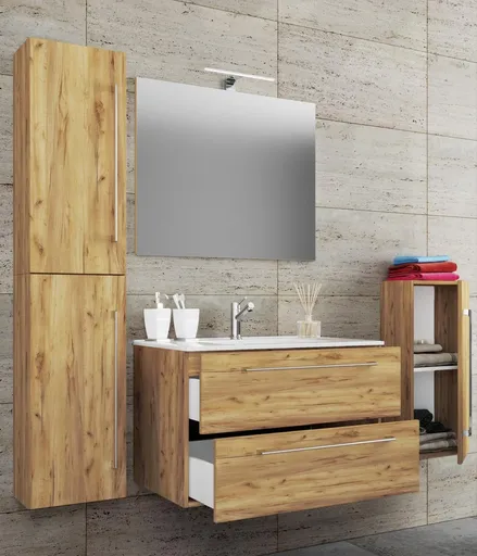 VCM 5dílná umyvadlová skříňka Badinos 2 zásuvky 80 cm se zrcadlem a střední/vysokou skříňkou, dub medový