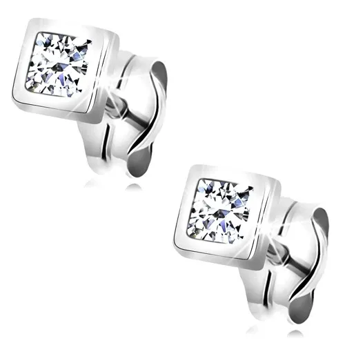 Náušnice v bielom 14K zlate - zirkón čírej farby v lesklej štvorcovej objímke