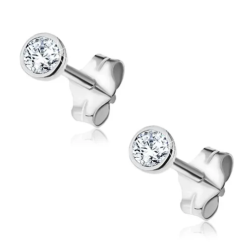 Strieborné náušnice 925 - číry zirkón v okrúhlej objímke, 3 mm