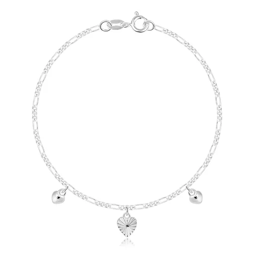 Náramok v 925 striebre - srdce s lúčovitými zárezmi, menšie hladké srdcia