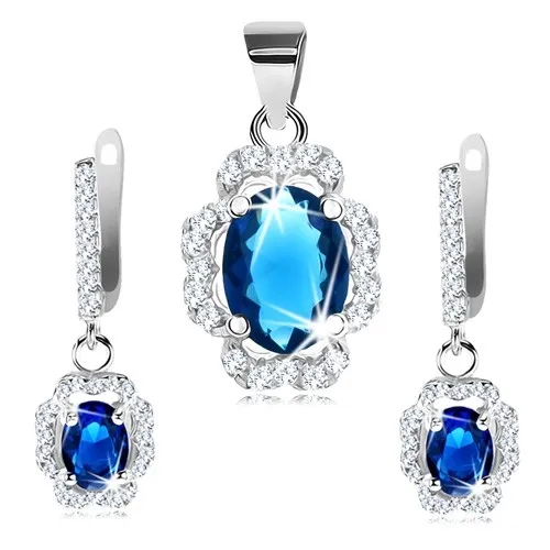 Sada prívesku a náušníc, striebro 925, zvlnený číry obrys, tmavomodrý ovál