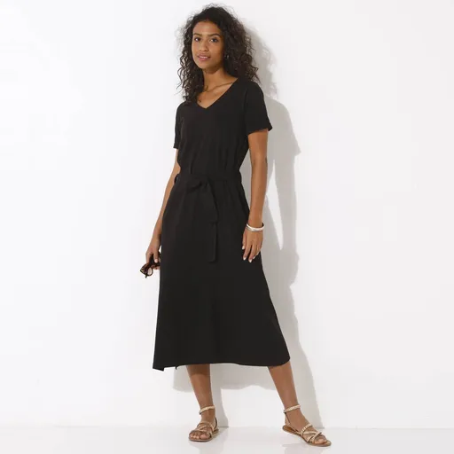 Jednofarebné midi šaty s opaskom a výstrihom do V