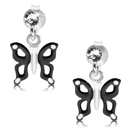 Strieborné náušnice 925, čierno-biely motýlik s výrezmi na krídlach, krištáľ