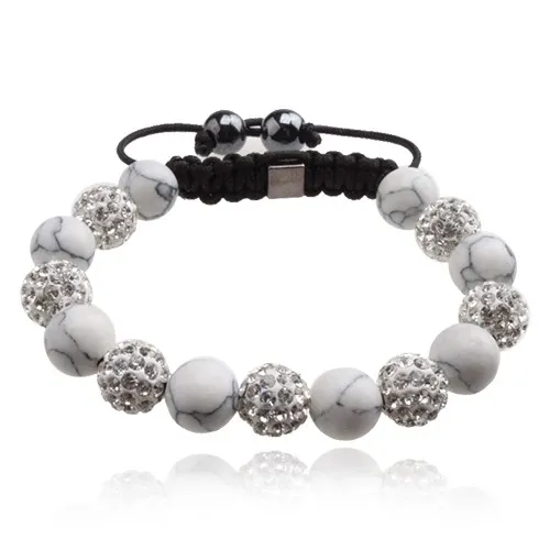 Náramok Shamballa, biele mramorové korálky, číre kamienky