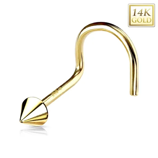 Zahnutý piercing do nosa zo žltého 14K zlata - lesklý kužeľ