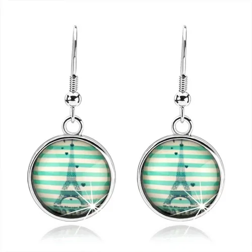 Náušnice kabošon - kruh, tyrkysové vodorovné pásiky, Eiffelova veža
