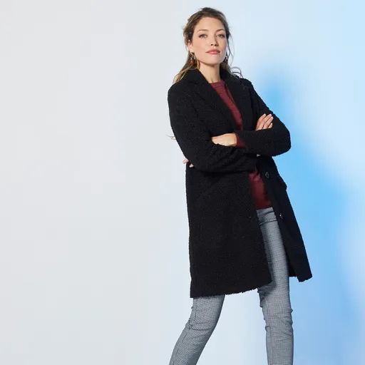 Buklé kabát so širokým golierom, čierny