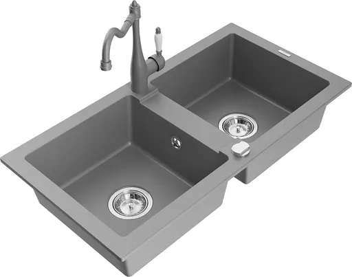 MEXEN/S MEXEN/S - Mario granitový drez 2-bowl vrátane batérie Carla, šedá 6504-71-670700-71