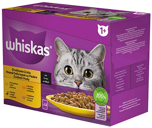 WHISKAS kapsičky pre mačky Hydinový výber (kura,kačka,hydina,morka) v šťave 12x85g