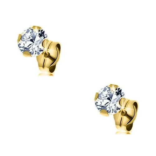 Náušnice zo žltého zlata 375 - brúsený okrúhly zirkón čírej farby, 5 mm
