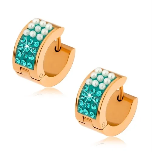 Oceľové náušnice zlatej farby, perleťovo biele guličky, tyrkysové zirkóny