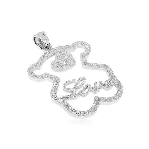 Trblietavý oceľový prívesok, kontúra macka, srdiečko, nápis "Love"