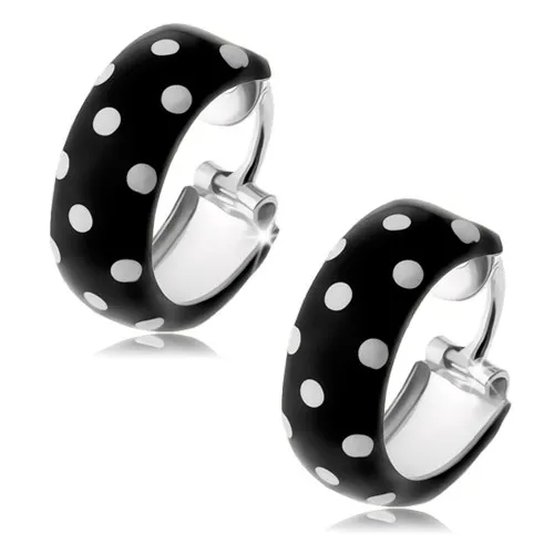 Okrúhle náušnice, striebro 925, čierna glazúra s bielymi bodkami