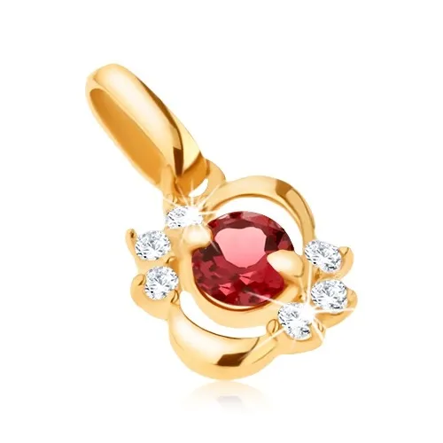 Prívesok zo žltého 14K zlata, lesklá elipsa s čírymi zirkónmi, červený granát