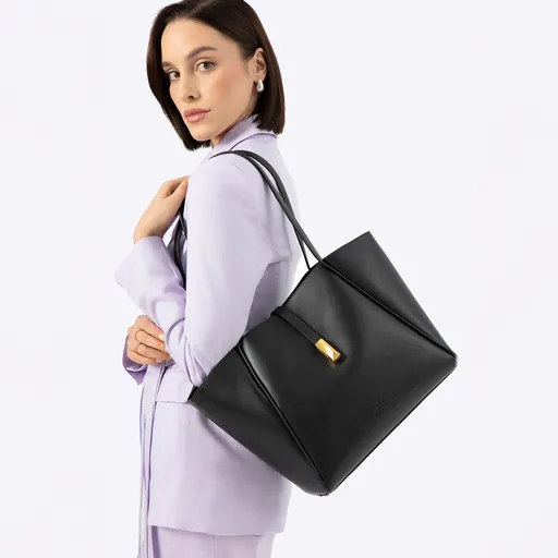 Dámska kožená nákupná kabelka s odnímateľným vreckom, čierno-zlatá 100-4E-201-1G