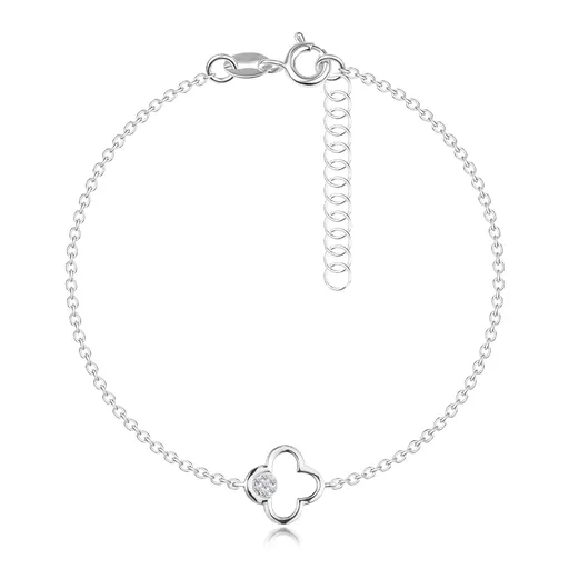 Strieborný náramok 925 - obrys štvorlístka, kruh s čírymi zirkónmi