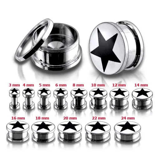 Tunel plug do ucha z chirurgickej ocele, čierna hviezda - Hrúbka: 10 mm