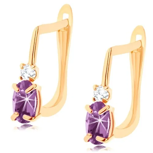 Zlaté náušnice 14K so syntetickým fialovým ametystom a čírym zirkónom