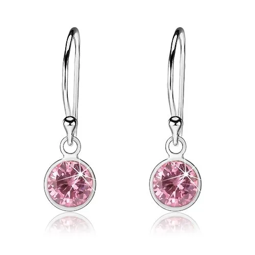 Strieborné 925 náušnice, svetloružový okrúhly zirkón v lesklej objímke