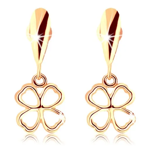 Zlaté náušnice 9K so štvorlístkom a lesklou slzou