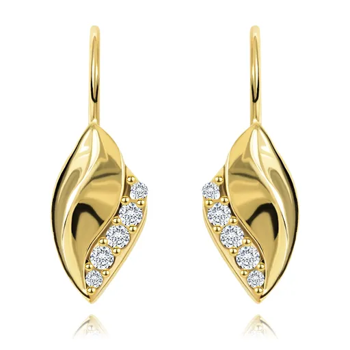 Náušnice v žltom 14K zlate - lesklý zvlnený list s líniou čírych zirkónikov