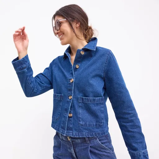 Džínsová rovná bunda na gombíky, vo worker štýle