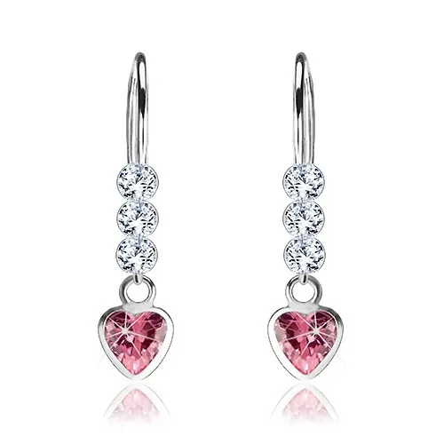 Strieborné náušnice 925, ružové zirkónové srdce, okrúhle číre Swarovski krištále