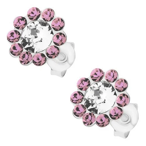 Náušnice zo striebra 925, ligotavý kvietok, číre a fialové Preciosa krištále