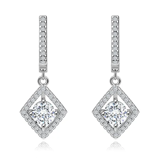 Strieborné náušnice 925, okrúhly číry zirkón v obryse kosoštvorca